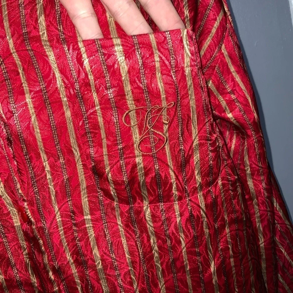 Victoria Secret Red & Gold Striped Satin Long Sleeve Button Down Sleep Shirt Med